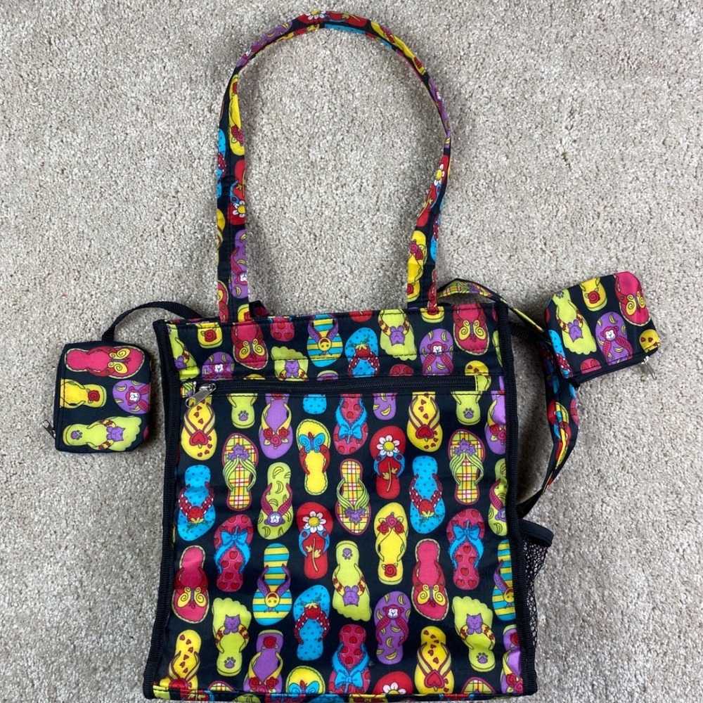 Flip Flop Print Tote Bag Black Multi Color Summer Beach Bag with Coin Pouches